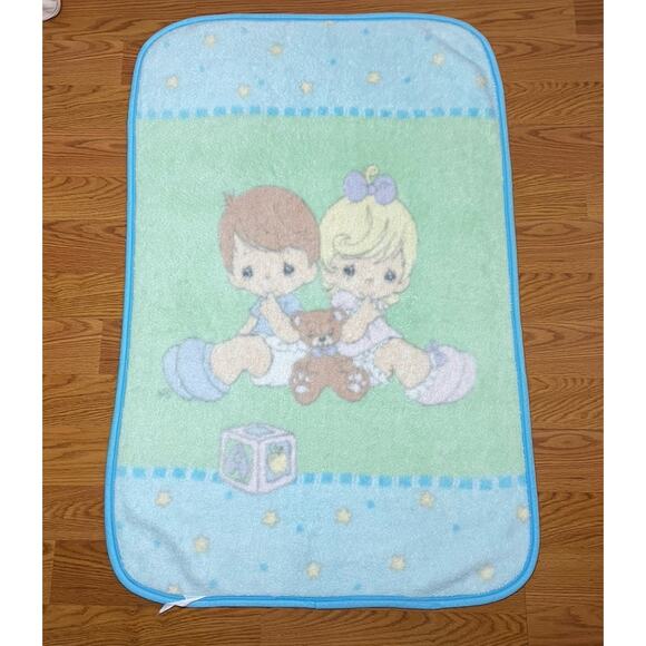 Vintage Precious Moments Baby Blanket Fleece Plush Green Blue Boy Girl Stars - Picture 2 of 11